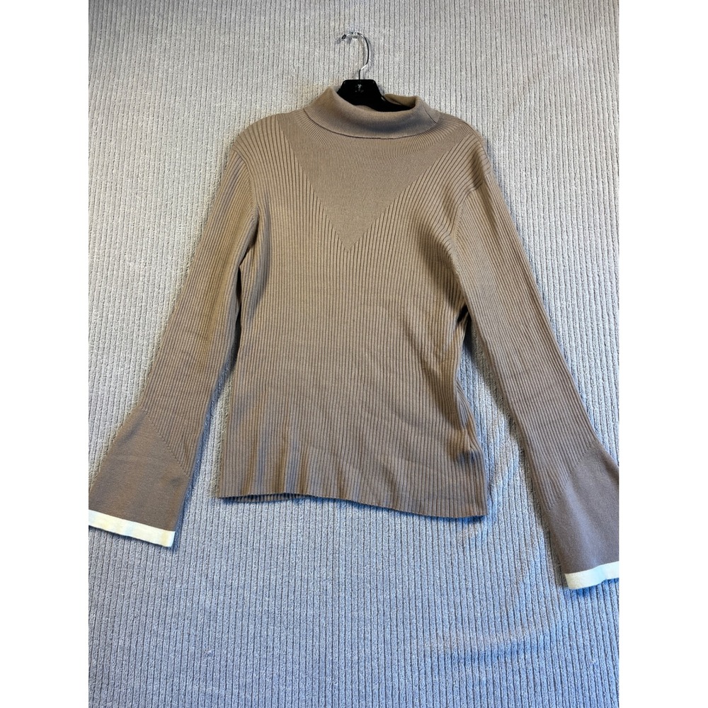 Varley Sweater Womens L Ravena Rib Knit High Neck Bell Sleeve Beige EUC